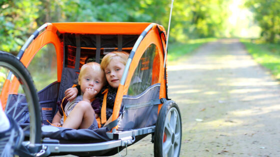 Children in a bike trailer