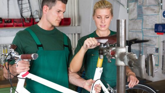 Mechanics repairing a bicycle in workshop